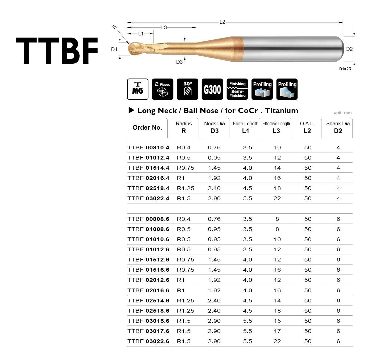 Ball End Mill,Dental,Long Neck,CoCr.Titanium TTBF